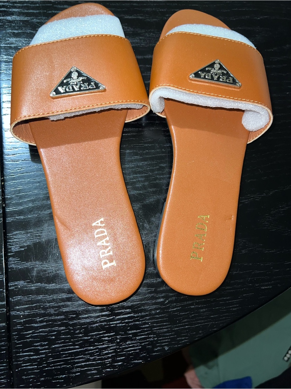 Tan Slide Sandals with Logo